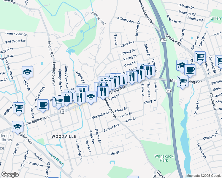 map of restaurants, bars, coffee shops, grocery stores, and more near 12 Irving Street in North Providence