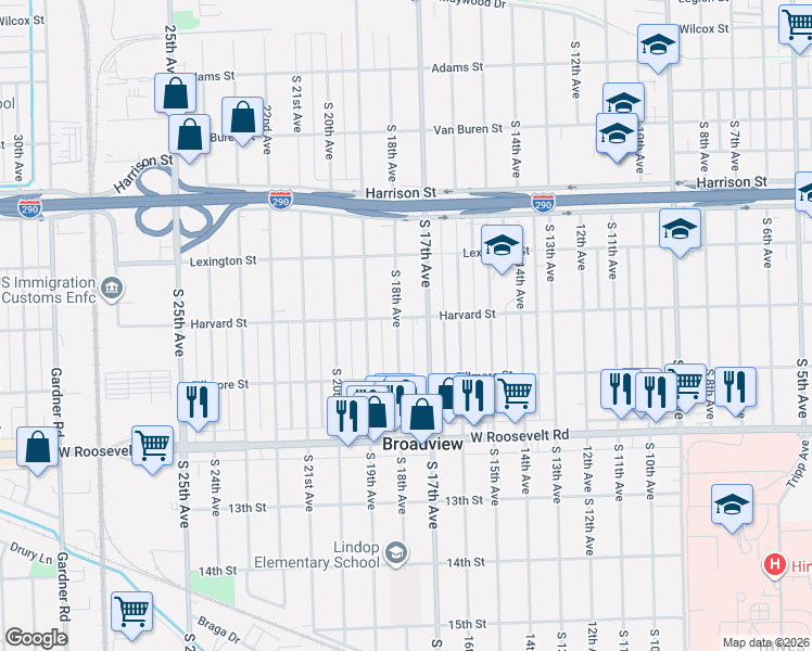 map of restaurants, bars, coffee shops, grocery stores, and more near 1934 South 17th Avenue in Maywood