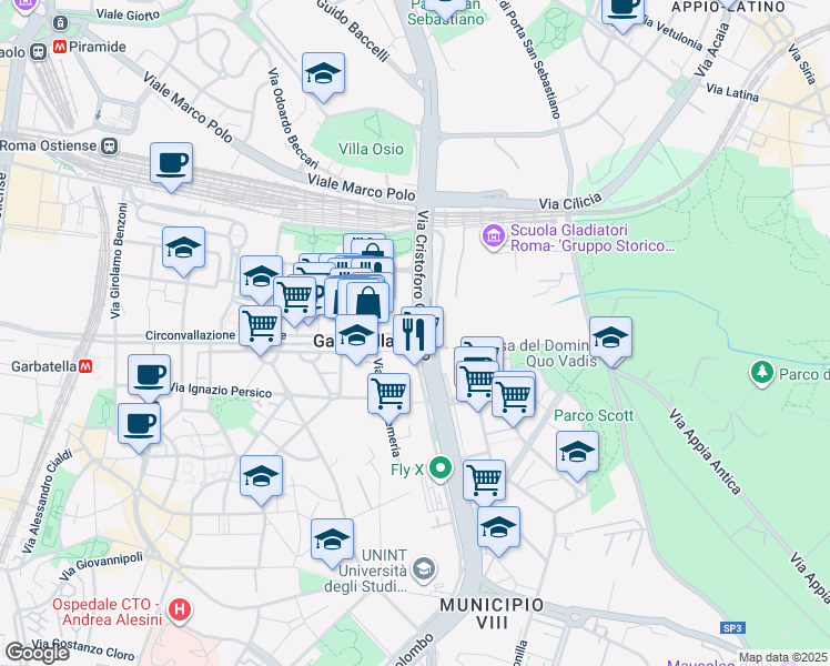 map of restaurants, bars, coffee shops, grocery stores, and more near 80 Via Cristoforo Colombo in Rome