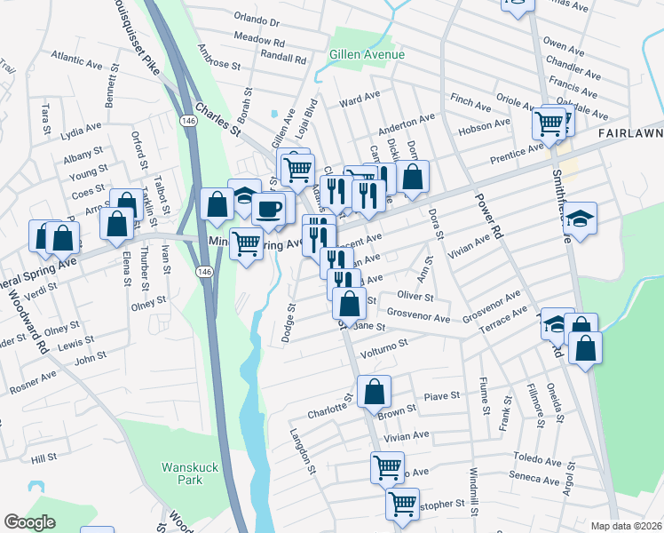 map of restaurants, bars, coffee shops, grocery stores, and more near 152 Vincent Avenue in North Providence