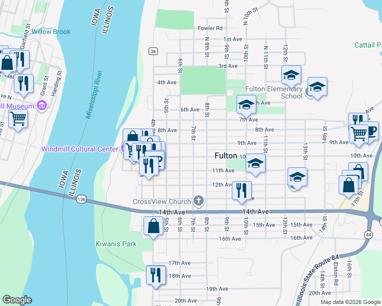 map of restaurants, bars, coffee shops, grocery stores, and more near 703 9th Avenue in Fulton