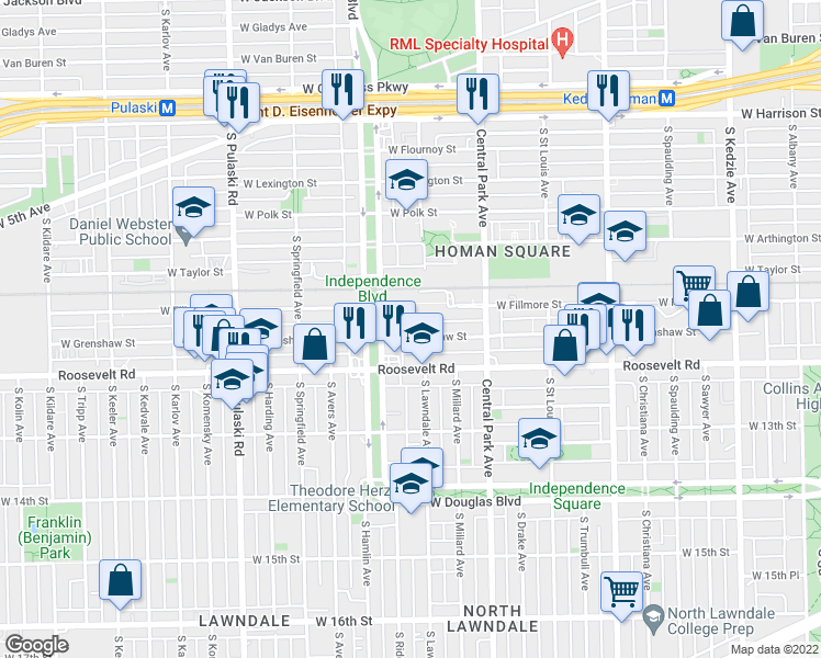 map of restaurants, bars, coffee shops, grocery stores, and more near 3710 West Grenshaw Street in Chicago