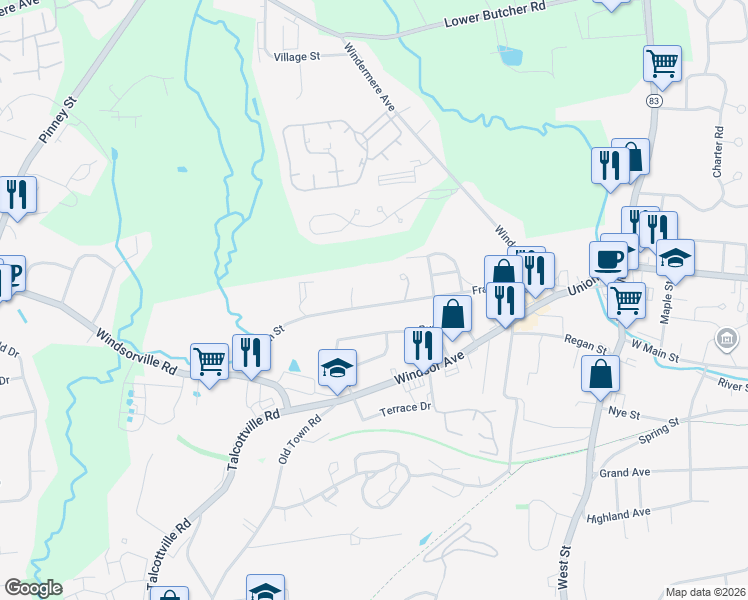map of restaurants, bars, coffee shops, grocery stores, and more near 114 Franklin Park West in Vernon