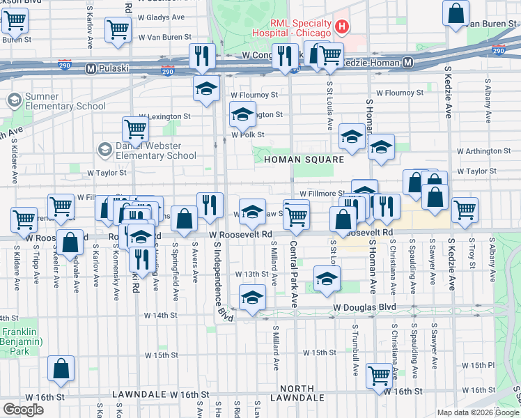map of restaurants, bars, coffee shops, grocery stores, and more near 3650 West Grenshaw Street in Chicago