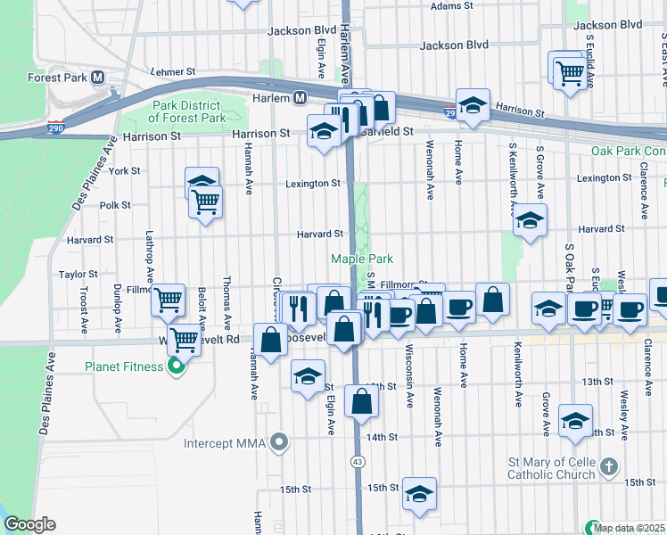 map of restaurants, bars, coffee shops, grocery stores, and more near 1032 Elgin Avenue in Forest Park