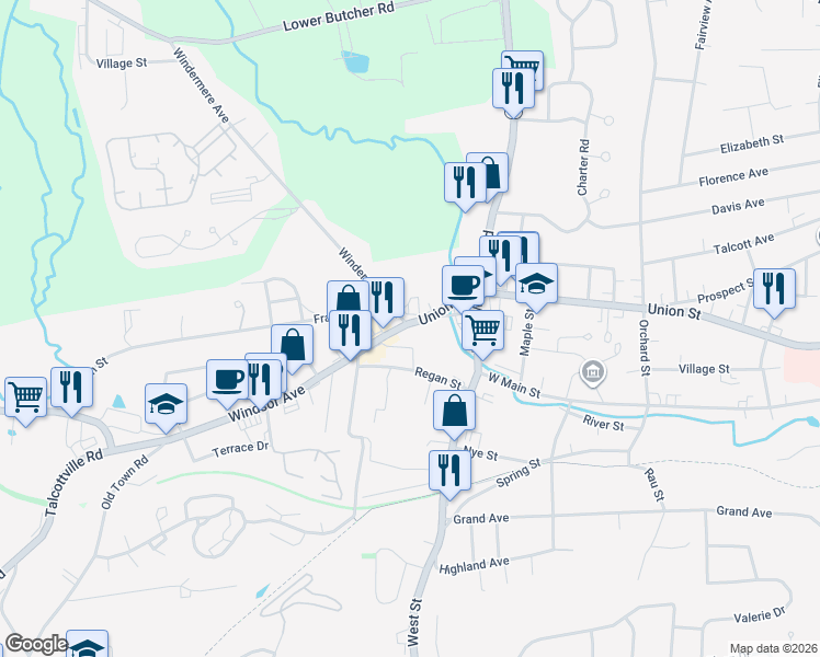 map of restaurants, bars, coffee shops, grocery stores, and more near 26 Windermere Village Road in Ellington
