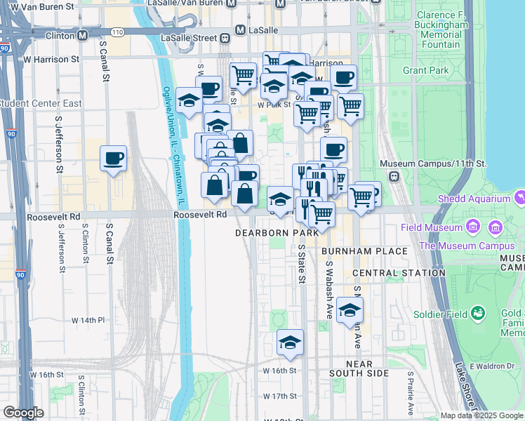 map of restaurants, bars, coffee shops, grocery stores, and more near 62 West Roosevelt Road in Chicago