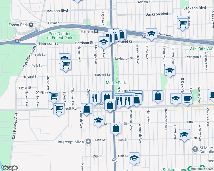 map of restaurants, bars, coffee shops, grocery stores, and more near 1032 Elgin Avenue in Forest Park