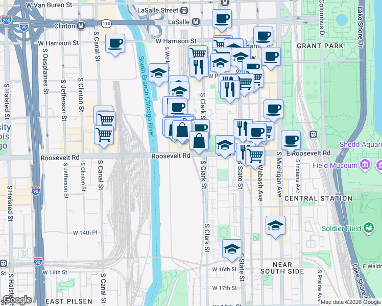 map of restaurants, bars, coffee shops, grocery stores, and more near 150 West Roosevelt Road in Chicago