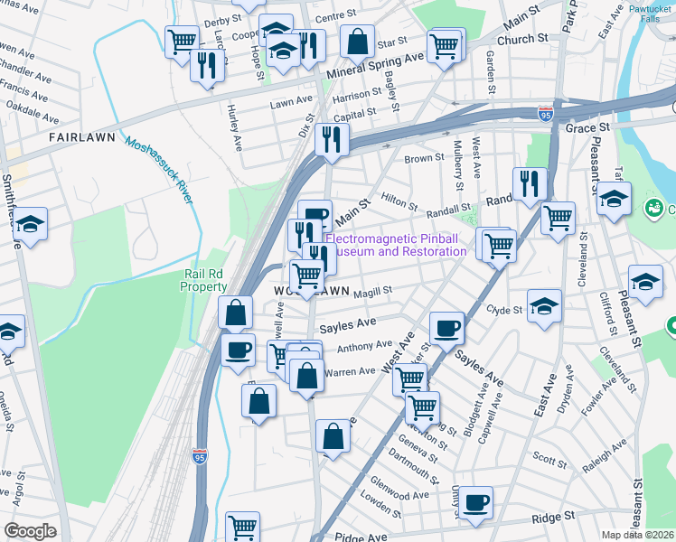 map of restaurants, bars, coffee shops, grocery stores, and more near 232 Sterry Street in Pawtucket