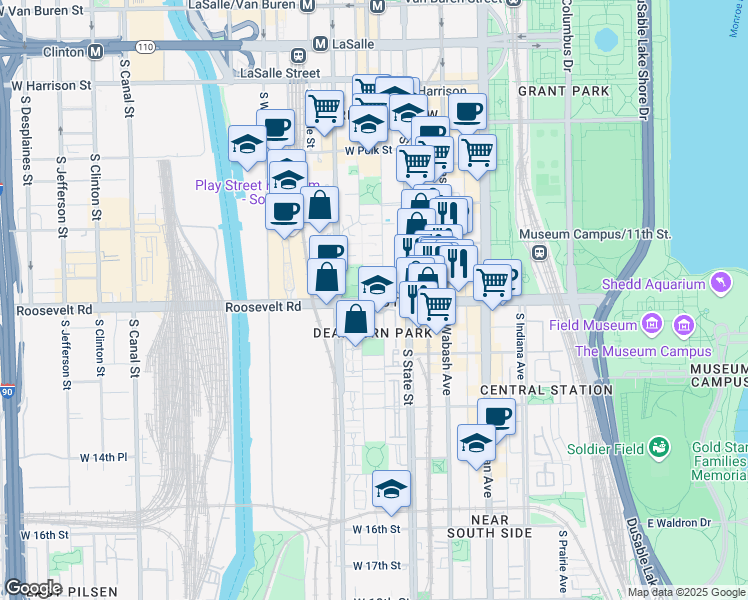 map of restaurants, bars, coffee shops, grocery stores, and more near 46 West Roosevelt Road in Chicago