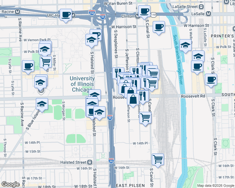 map of restaurants, bars, coffee shops, grocery stores, and more near South Desplaines Street in Chicago
