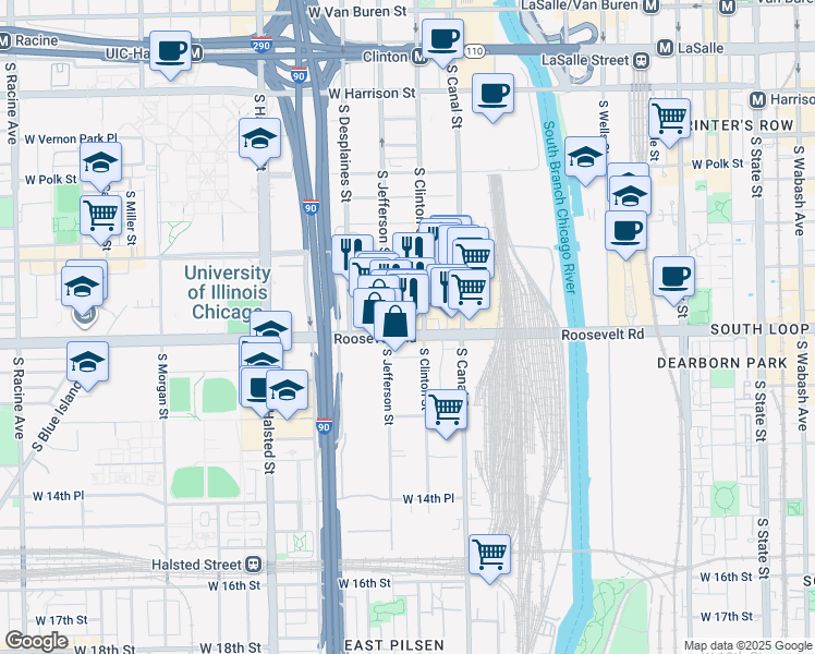 map of restaurants, bars, coffee shops, grocery stores, and more near 1141 South Jefferson Street in Chicago