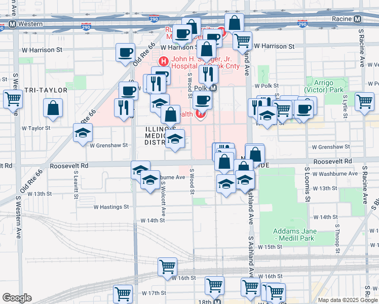 map of restaurants, bars, coffee shops, grocery stores, and more near 1026 South Wood Street in Chicago