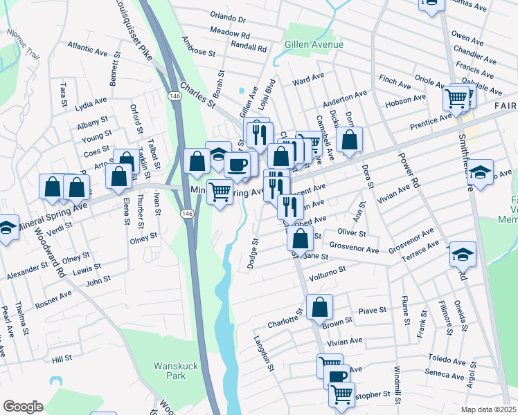 map of restaurants, bars, coffee shops, grocery stores, and more near 1100 Mineral Spring Avenue in North Providence