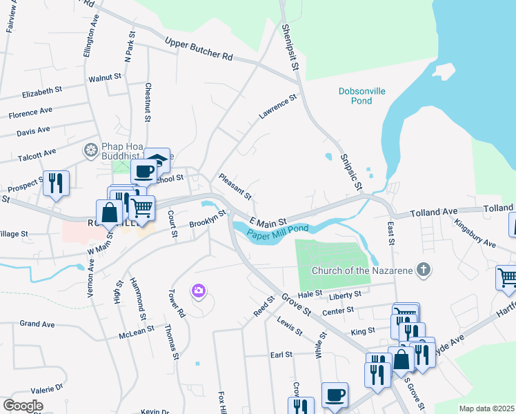 map of restaurants, bars, coffee shops, grocery stores, and more near 27 Pleasant Street in Vernon