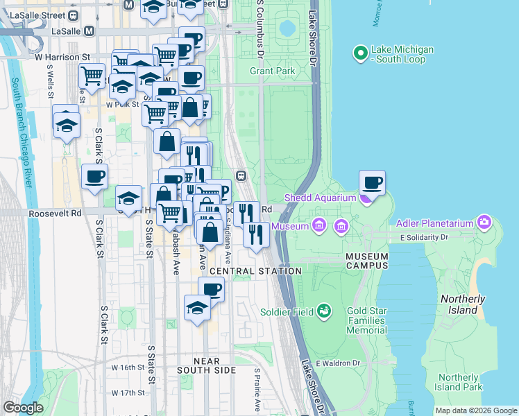 map of restaurants, bars, coffee shops, grocery stores, and more near 180 Roosevelt Road in Chicago