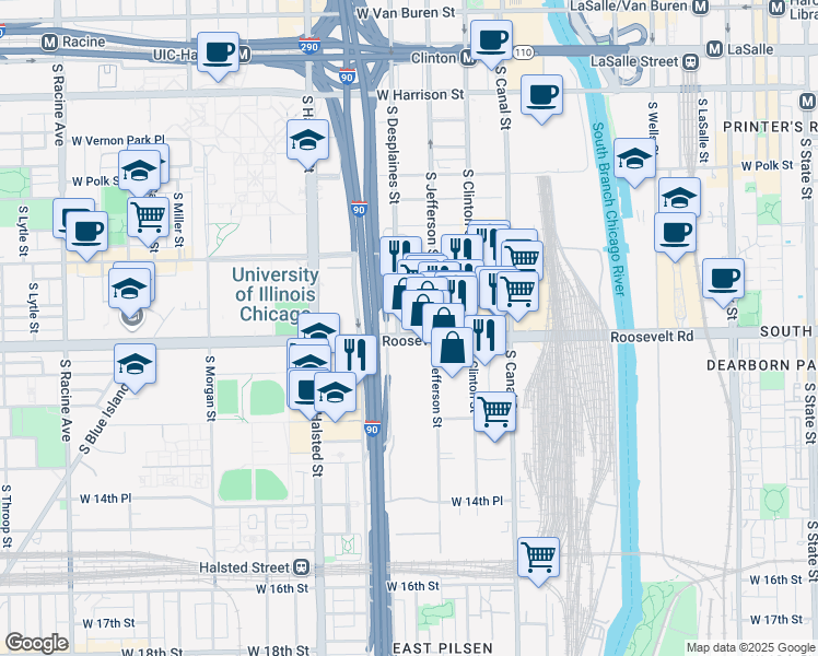 map of restaurants, bars, coffee shops, grocery stores, and more near 1101 South Desplaines Street in Chicago