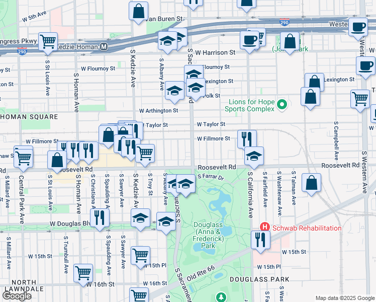 map of restaurants, bars, coffee shops, grocery stores, and more near 1109 South Sacramento Boulevard in Chicago