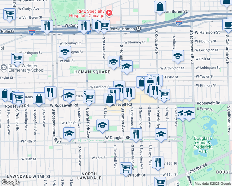 map of restaurants, bars, coffee shops, grocery stores, and more near in Chicago