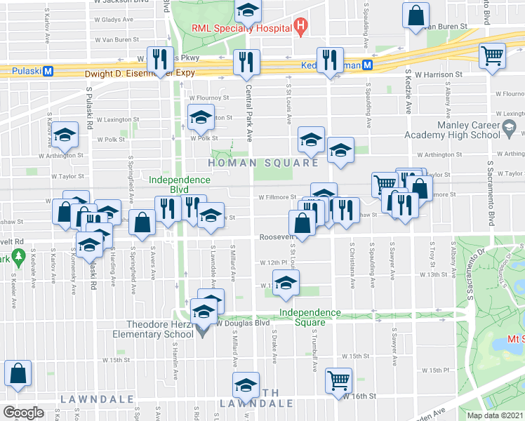 map of restaurants, bars, coffee shops, grocery stores, and more near 3605 West Fillmore Street in Chicago
