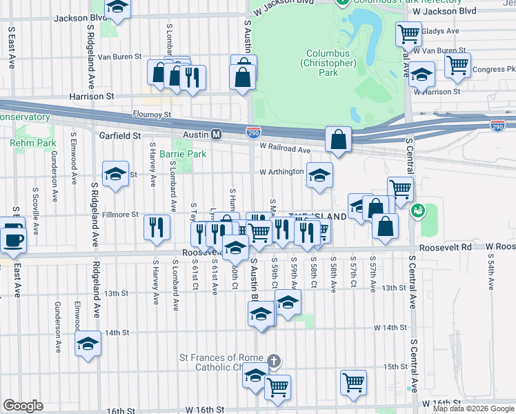 map of restaurants, bars, coffee shops, grocery stores, and more near 1039 South Austin Boulevard in Chicago
