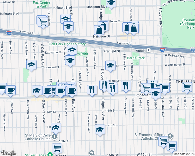 map of restaurants, bars, coffee shops, grocery stores, and more near 1125 South Ridgeland Avenue in Oak Park