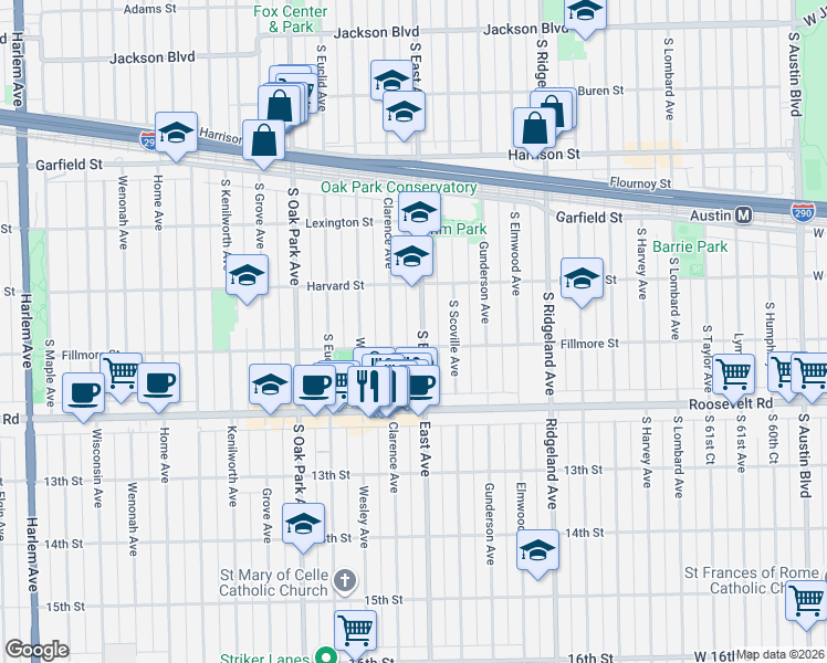 map of restaurants, bars, coffee shops, grocery stores, and more near 1123 South East Avenue in Oak Park