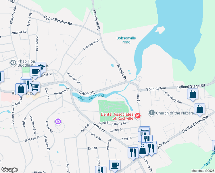 map of restaurants, bars, coffee shops, grocery stores, and more near 167 East Main Street in Vernon