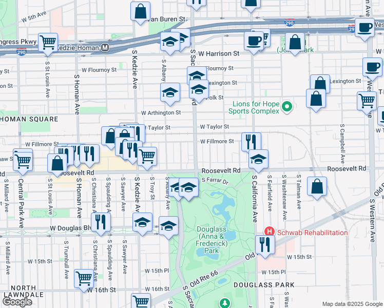 map of restaurants, bars, coffee shops, grocery stores, and more near 1109 South Sacramento Boulevard in Chicago