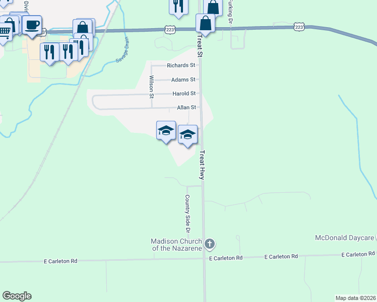 map of restaurants, bars, coffee shops, grocery stores, and more near 3404 Treat Highway in Adrian