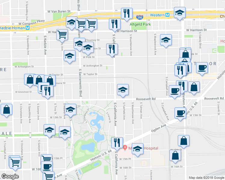 map of restaurants, bars, coffee shops, grocery stores, and more near 1124 South California Avenue in Chicago