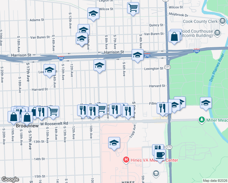map of restaurants, bars, coffee shops, grocery stores, and more near 2010 South 7th Avenue in Maywood