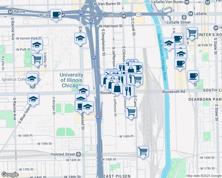 map of restaurants, bars, coffee shops, grocery stores, and more near 1141 South Jefferson Street in Chicago