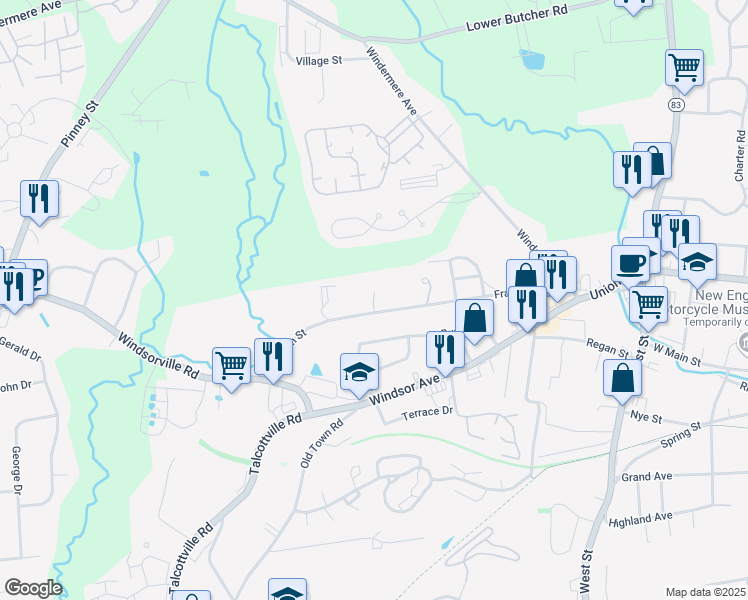 map of restaurants, bars, coffee shops, grocery stores, and more near 114 Franklin Park West in Vernon