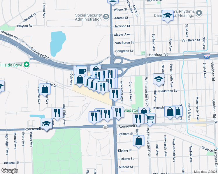 map of restaurants, bars, coffee shops, grocery stores, and more near 130 South Mannheim Road in Hillside