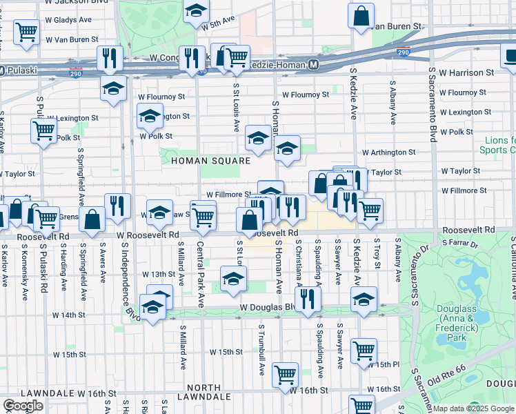 map of restaurants, bars, coffee shops, grocery stores, and more near 3427 West Fillmore Street in Chicago