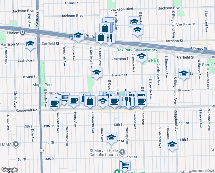 map of restaurants, bars, coffee shops, grocery stores, and more near 1133 South Oak Park Avenue in Oak Park
