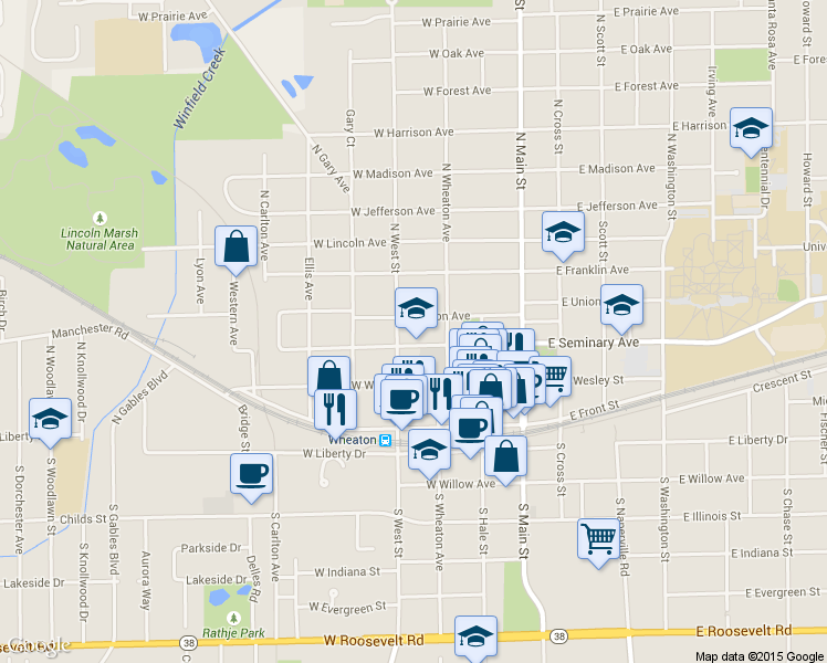 map of restaurants, bars, coffee shops, grocery stores, and more near 311 West Seminary Avenue in Wheaton