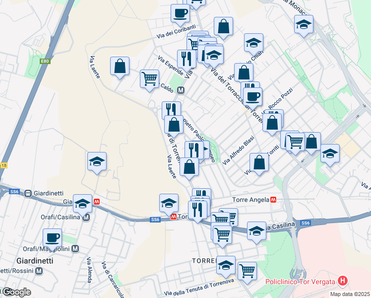 map of restaurants, bars, coffee shops, grocery stores, and more near 46 Via Vittorio Rossi in Roma