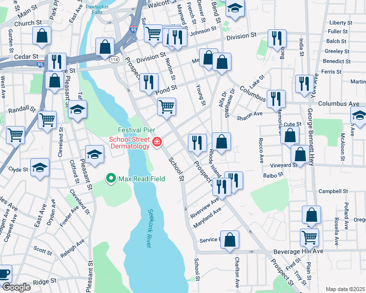 map of restaurants, bars, coffee shops, grocery stores, and more near 283 Prospect Street in Pawtucket