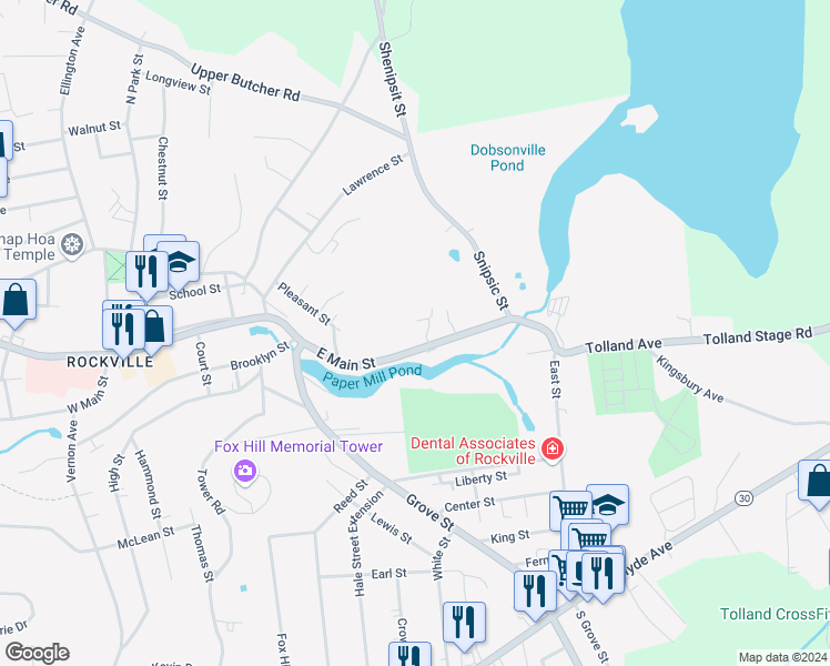 map of restaurants, bars, coffee shops, grocery stores, and more near 157 East Main Street in Vernon