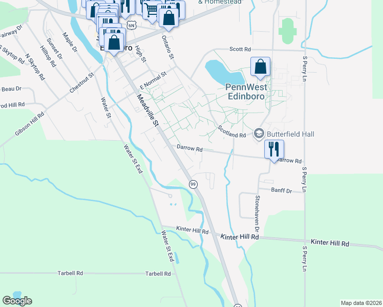 map of restaurants, bars, coffee shops, grocery stores, and more near 205 Darrow Road in Edinboro