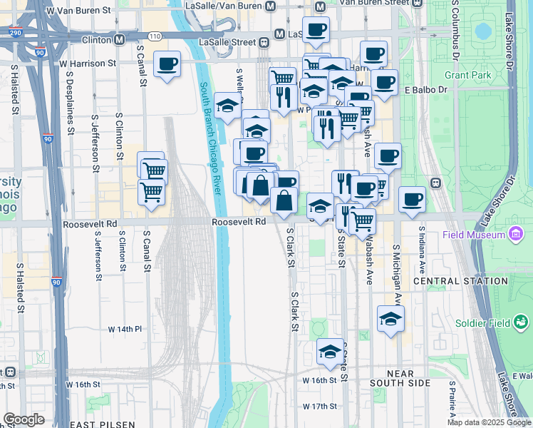 map of restaurants, bars, coffee shops, grocery stores, and more near 150 Roosevelt Road in Chicago