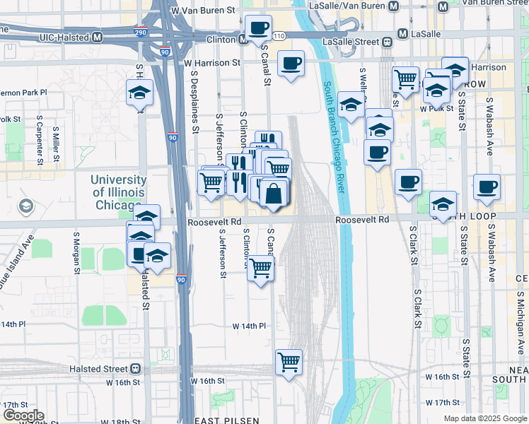 map of restaurants, bars, coffee shops, grocery stores, and more near 1161 South Canal Street in Chicago