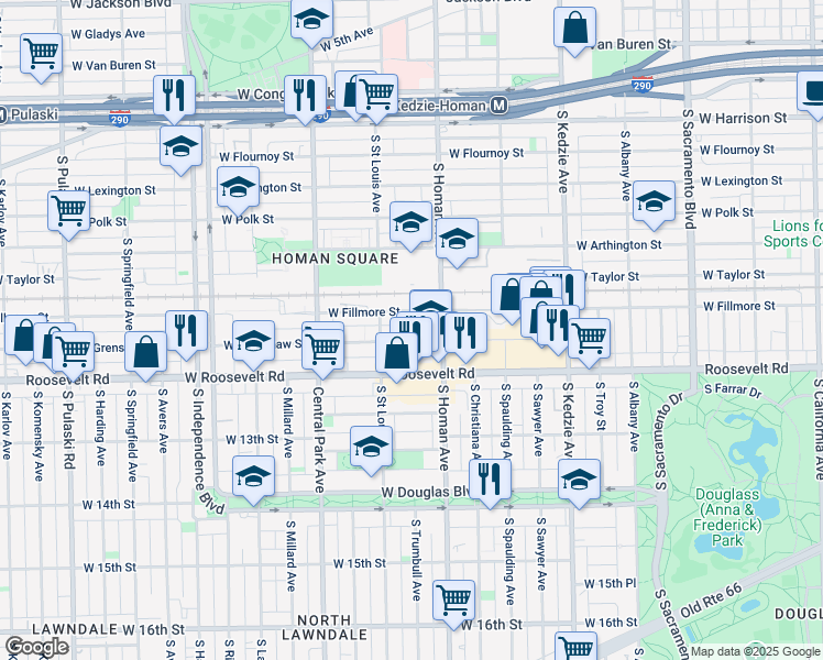 map of restaurants, bars, coffee shops, grocery stores, and more near 3427 West Fillmore Street in Chicago