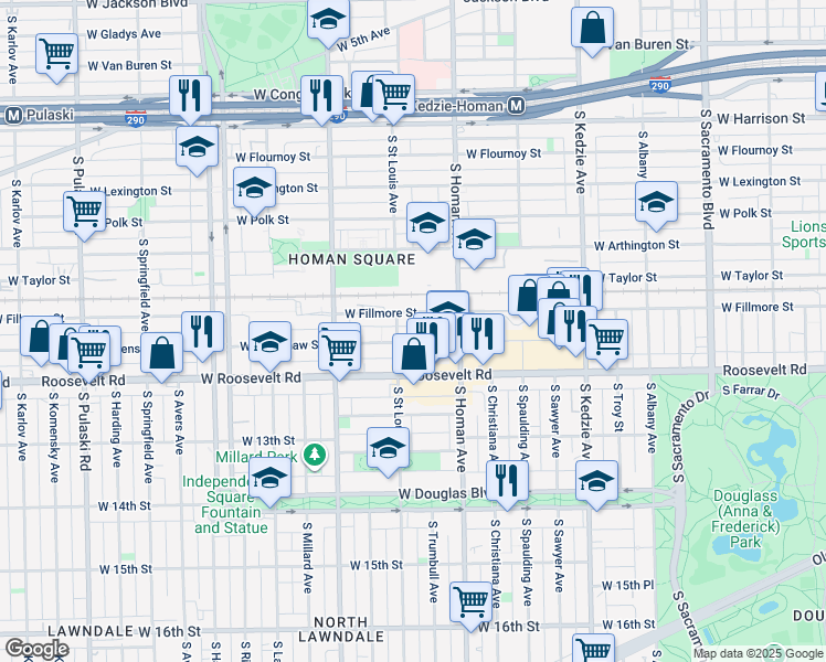 map of restaurants, bars, coffee shops, grocery stores, and more near 3427 West Fillmore Street in Chicago