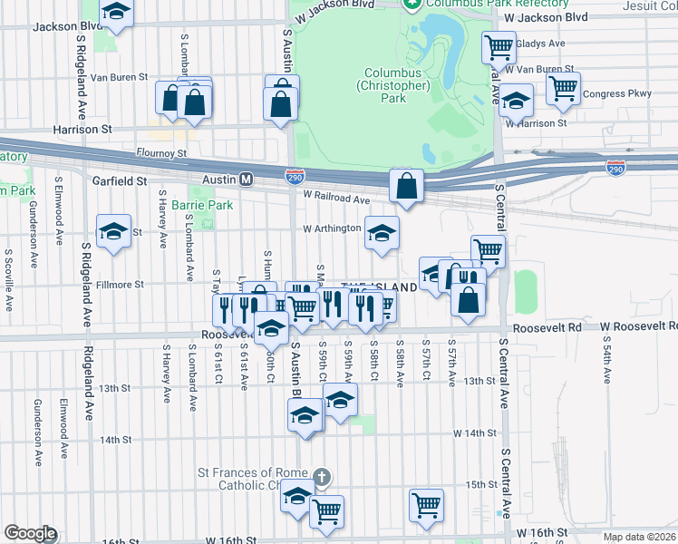 map of restaurants, bars, coffee shops, grocery stores, and more near 1037 South Mason Avenue in Chicago