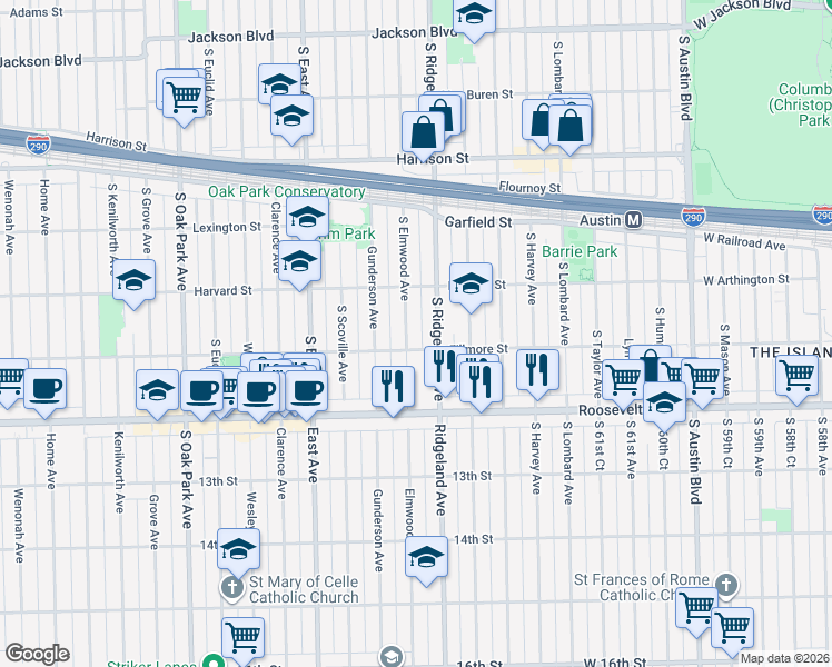 map of restaurants, bars, coffee shops, grocery stores, and more near 1125 South Ridgeland Avenue in Oak Park