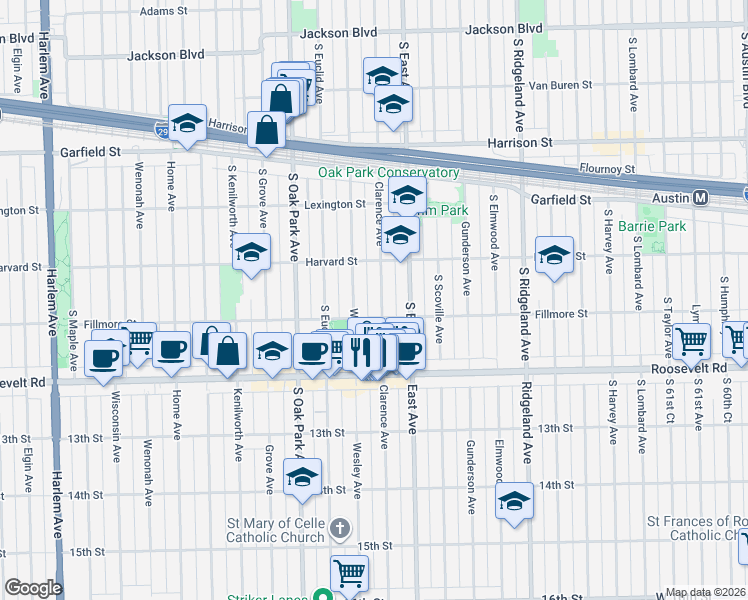 map of restaurants, bars, coffee shops, grocery stores, and more near 1123 Clarence Avenue in Oak Park